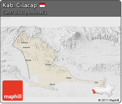Shaded Relief 3D Map of Kab. Cilacap, lighten, desaturated