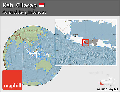 Savanna Style Location Map of Kab. Cilacap, highlighted country, highlighted parent region, hill shading