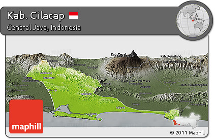 Physical Panoramic Map of Kab. Cilacap, darken, semi-desaturated