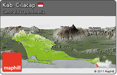 Physical Panoramic Map of Kab. Cilacap, darken, semi-desaturated