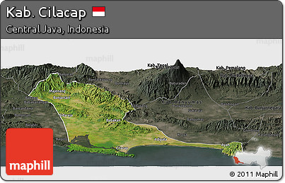 Satellite Panoramic Map of Kab. Cilacap, darken, semi-desaturated