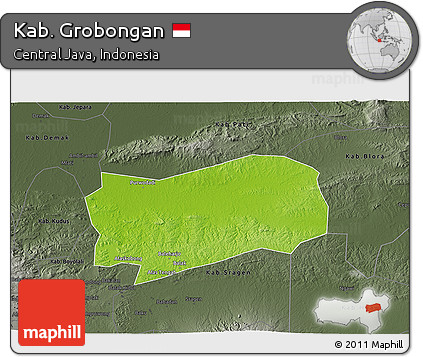 Physical 3D Map of Kab. Grobongan, darken, semi-desaturated