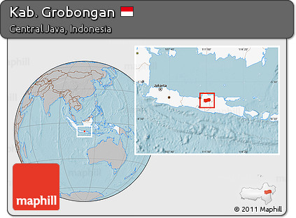 Gray Location Map of Kab. Grobongan, highlighted country, hill shading