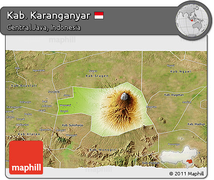 Physical 3D Map of Kab. Karanganyar, satellite outside