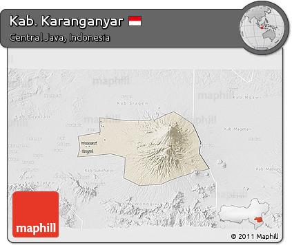 Shaded Relief 3D Map of Kab. Karanganyar, lighten, desaturated