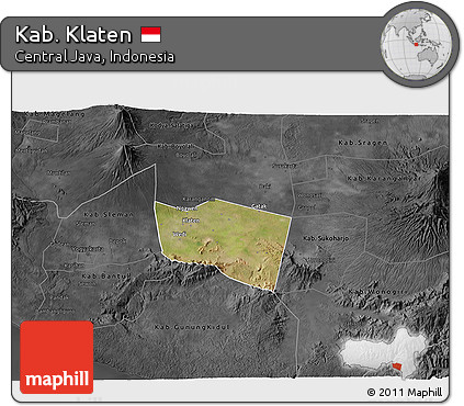 Satellite 3D Map of Kab. Klaten, darken, desaturated