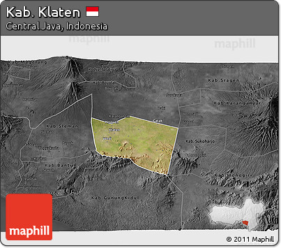 Satellite 3D Map of Kab. Klaten, darken, desaturated