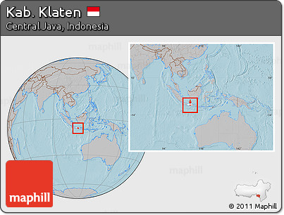Gray Location Map of Kab. Klaten, highlighted parent region, within the entire country, hill shading