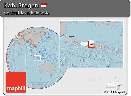 Gray Location Map of Kab. Sragen, highlighted parent region, hill shading