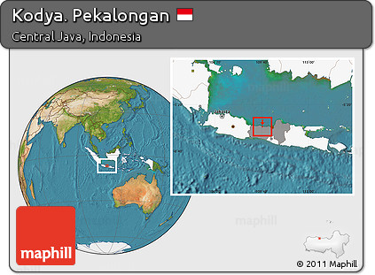 Satellite Location Map of Kodya. Pekalongan, highlighted country, highlighted parent region
