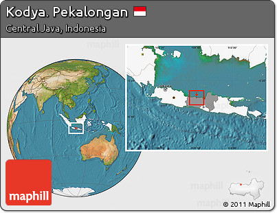 Satellite Location Map of Kodya. Pekalongan, highlighted country, highlighted parent region