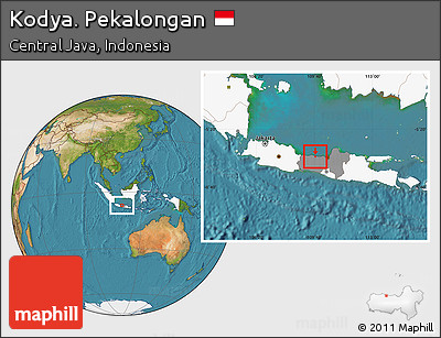 Satellite Location Map of Kodya. Pekalongan, highlighted country, highlighted parent region