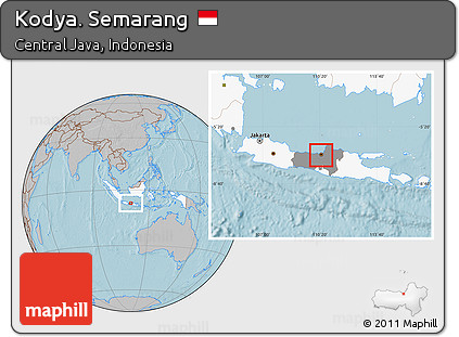Gray Location Map of Kodya. Semarang, highlighted country, highlighted parent region, hill shading
