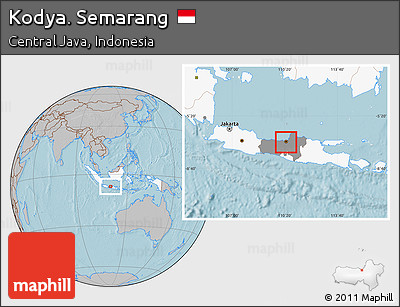 Gray Location Map of Kodya. Semarang, highlighted country, highlighted parent region, hill shading