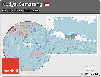 Gray Location Map of Kodya. Semarang, highlighted country, highlighted parent region, hill shading