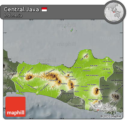 Physical Map of Central Java, darken, semi-desaturated