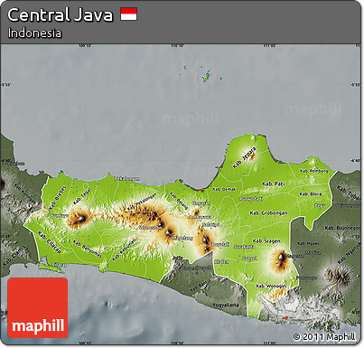 Physical Map of Central Java, darken, semi-desaturated