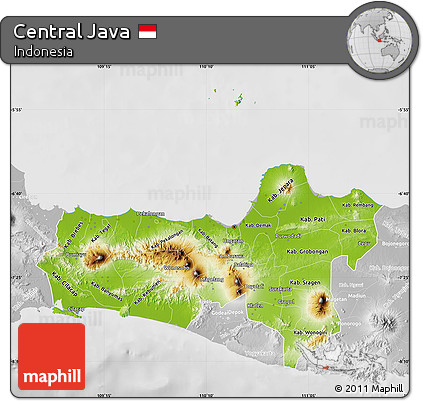 Physical Map of Central Java, lighten, desaturated