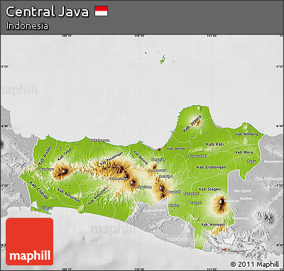 Physical Map of Central Java, lighten, desaturated