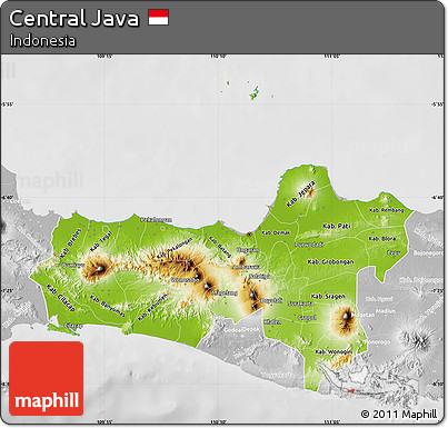 Physical Map of Central Java, lighten, desaturated