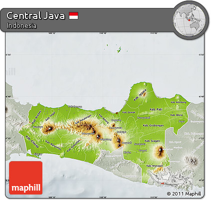 Physical Map of Central Java, lighten, semi-desaturated