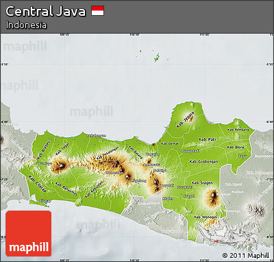 Physical Map of Central Java, lighten, semi-desaturated