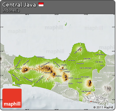 Physical Map of Central Java, lighten, semi-desaturated