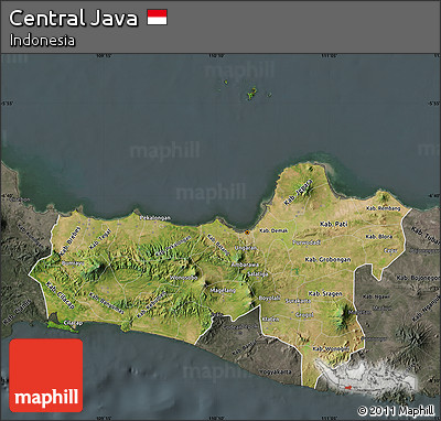 Satellite Map of Central Java, darken, semi-desaturated