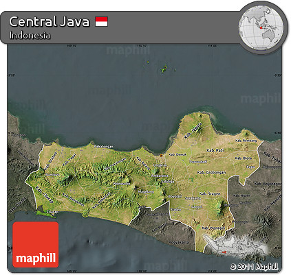 Satellite Map of Central Java, darken, semi-desaturated