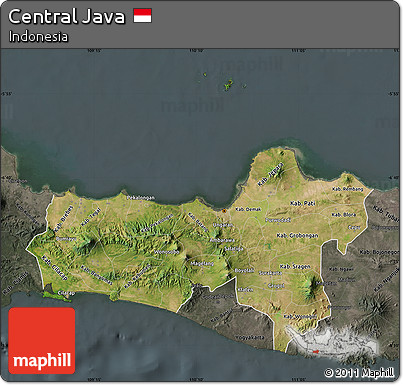 Satellite Map of Central Java, darken, semi-desaturated