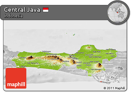 Physical Panoramic Map of Central Java, lighten, desaturated