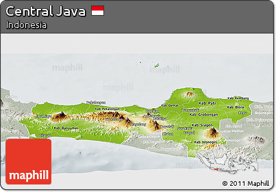 Physical Panoramic Map of Central Java, lighten, semi-desaturated