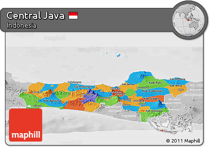 Political Panoramic Map of Central Java, lighten, desaturated