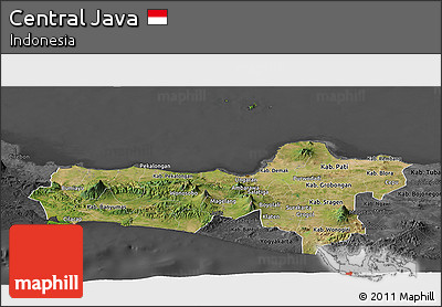 Satellite Panoramic Map of Central Java, darken, desaturated