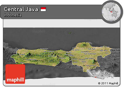 Satellite Panoramic Map of Central Java, darken, desaturated