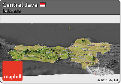 Satellite Panoramic Map of Central Java, darken, desaturated