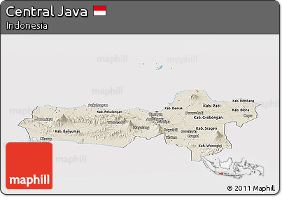 Shaded Relief Panoramic Map of Central Java, cropped outside