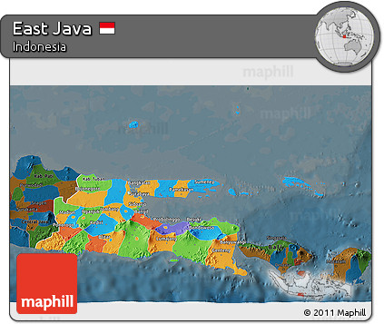 Political 3D Map of East Java, darken