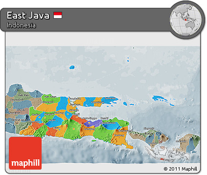 Political 3D Map of East Java, semi-desaturated