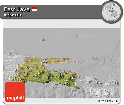 Satellite 3D Map of East Java, lighten, desaturated