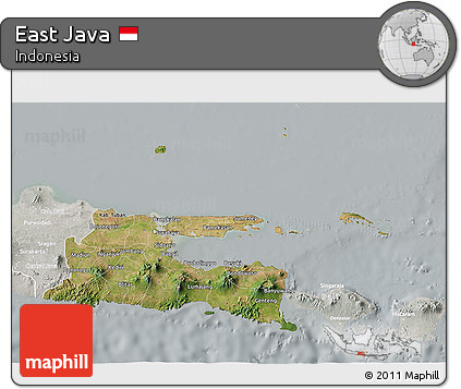 Satellite 3D Map of East Java, lighten, semi-desaturated