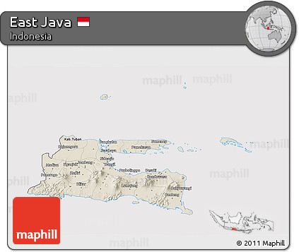 Shaded Relief 3D Map of East Java, cropped outside