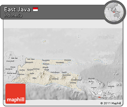 Shaded Relief 3D Map of East Java, desaturated