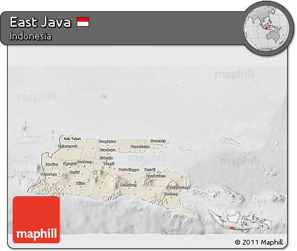 Shaded Relief 3D Map of East Java, lighten, desaturated