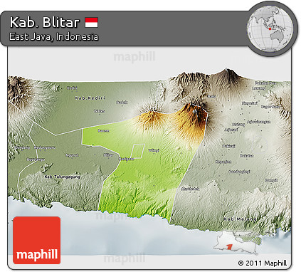 Physical 3D Map of Kab. Blitar, semi-desaturated