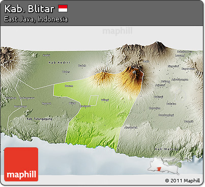 Physical 3D Map of Kab. Blitar, semi-desaturated