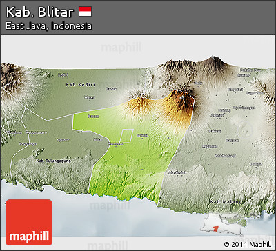 Physical 3D Map of Kab. Blitar, semi-desaturated