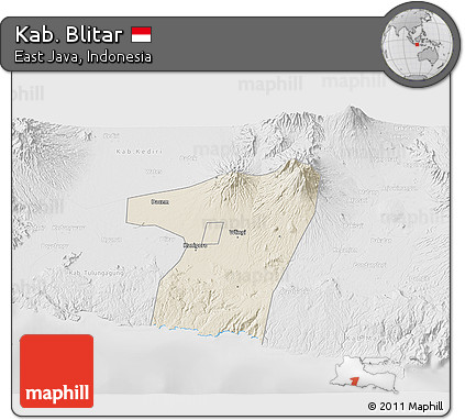 Shaded Relief 3D Map of Kab. Blitar, lighten, desaturated