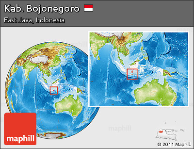 Physical Location Map of Kab. Bojonegoro, highlighted country, highlighted parent region, within the entire country