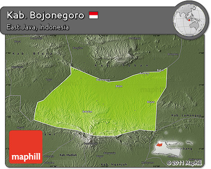 Physical Map of Kab. Bojonegoro, darken, semi-desaturated